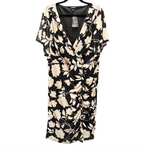 TORRID Black & Cream "At the Knee' Mesh Floral Surplice Ruffle Slit Dres…